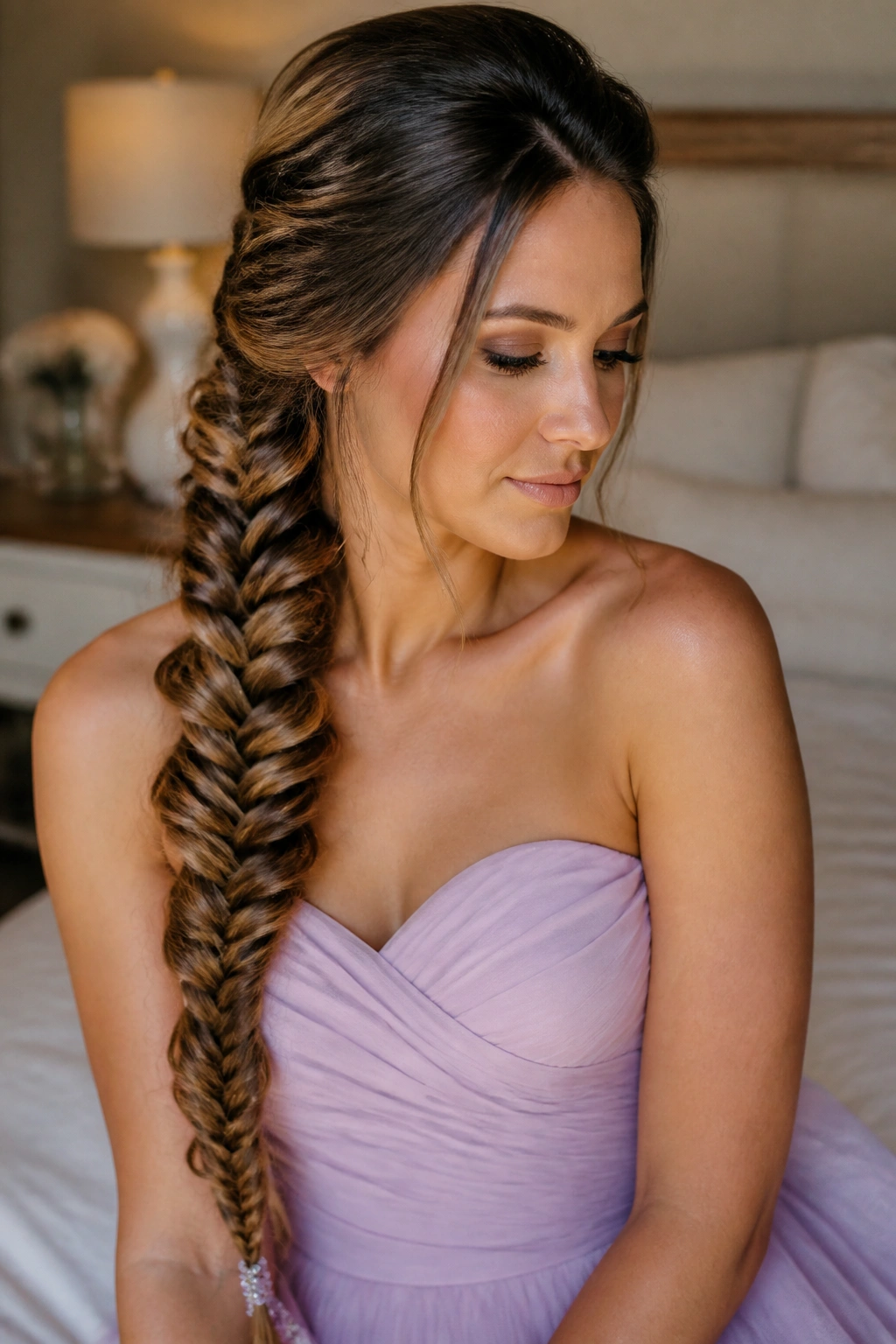 Close-up portrait of a real woman with a long fishtail braid over one shoulder in warm window light