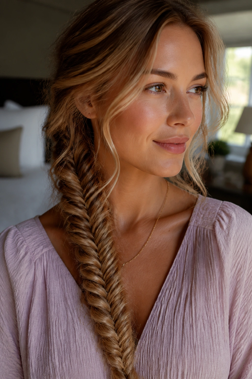 Close-up of a real woman's fishtail braid in soft window light