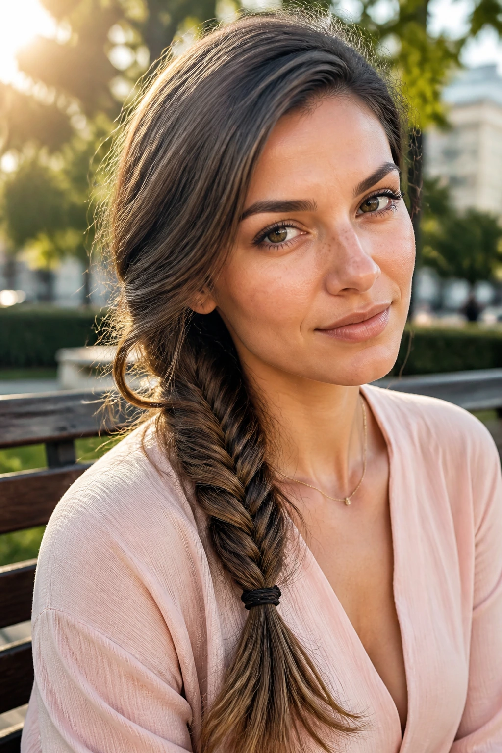 Close-up of a real woman with a right-part fishtail side braid draping over the shoulder.