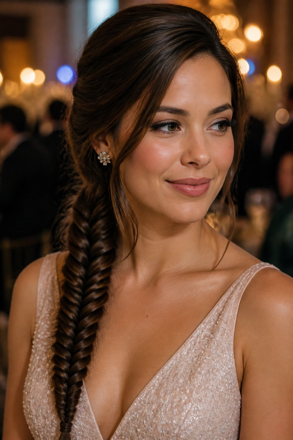 Close-up of a real woman with a fishtail braid over one shoulder