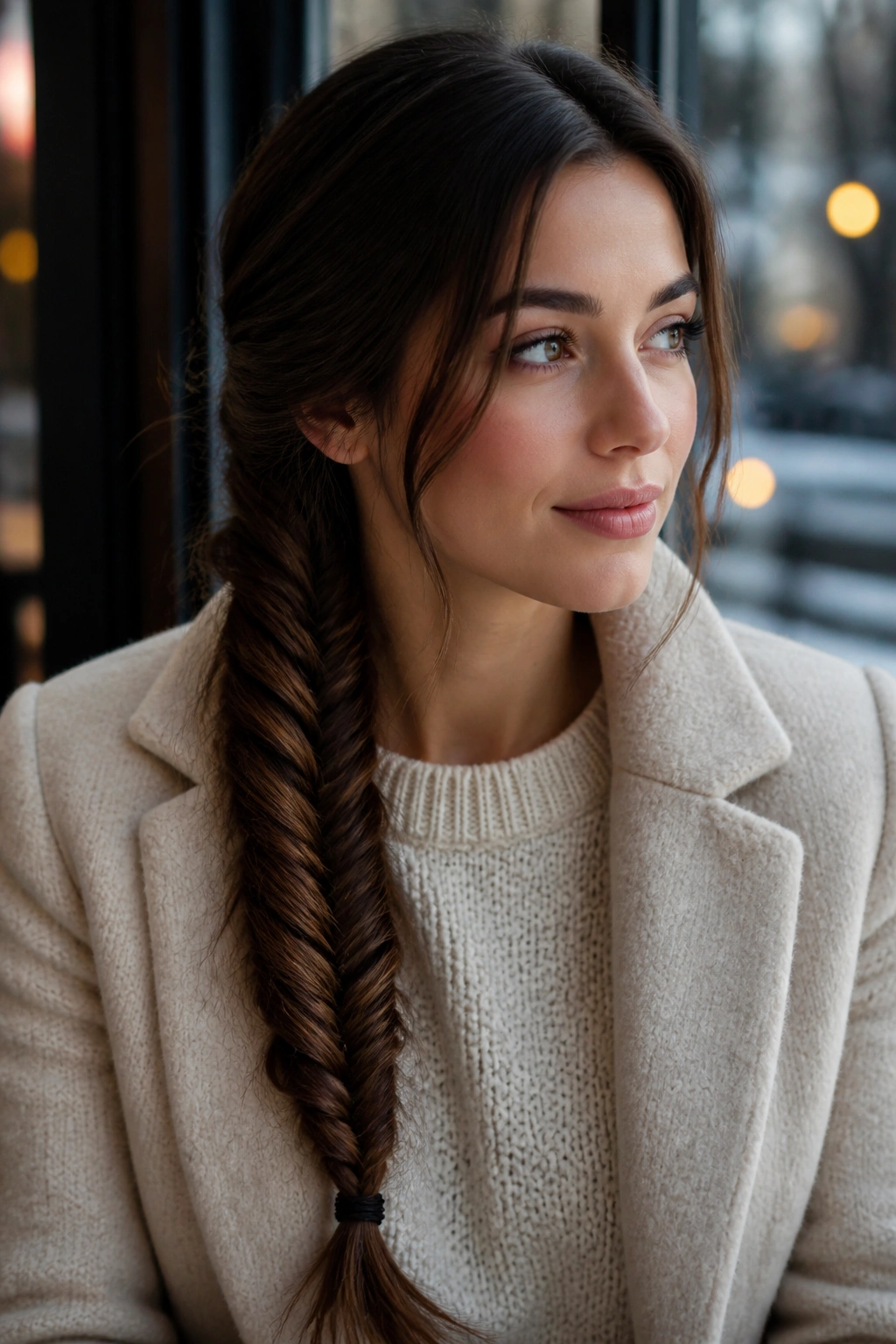 Brunette with fishtail braid over one shoulder in winter setting