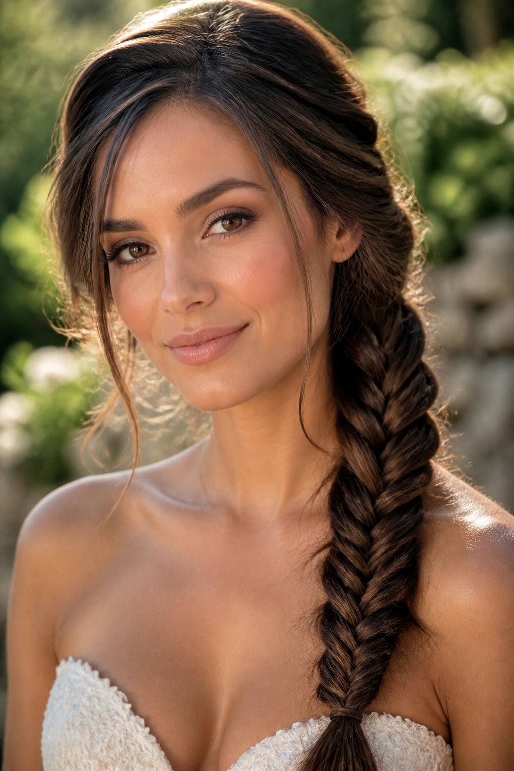 Close-up of a real woman with a fishtail braid over one shoulder
