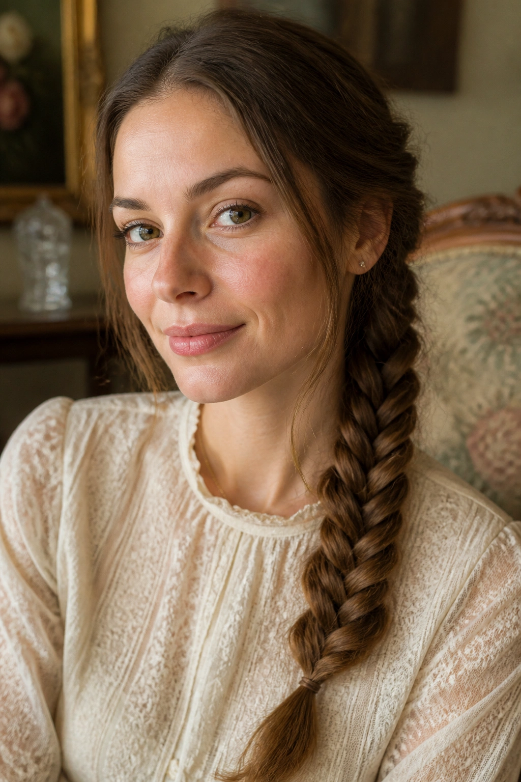 Close-up of a real woman with a fishtail shoulder braid draped over one shoulder