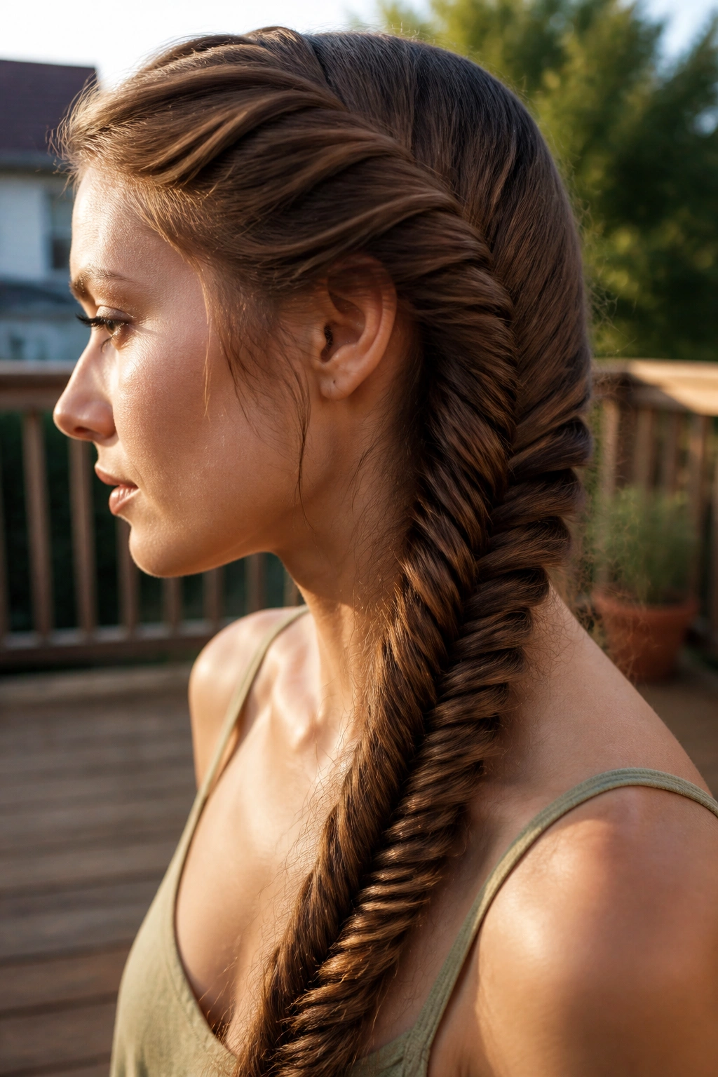 Close-up of a real woman with a fishtail braid on the side
