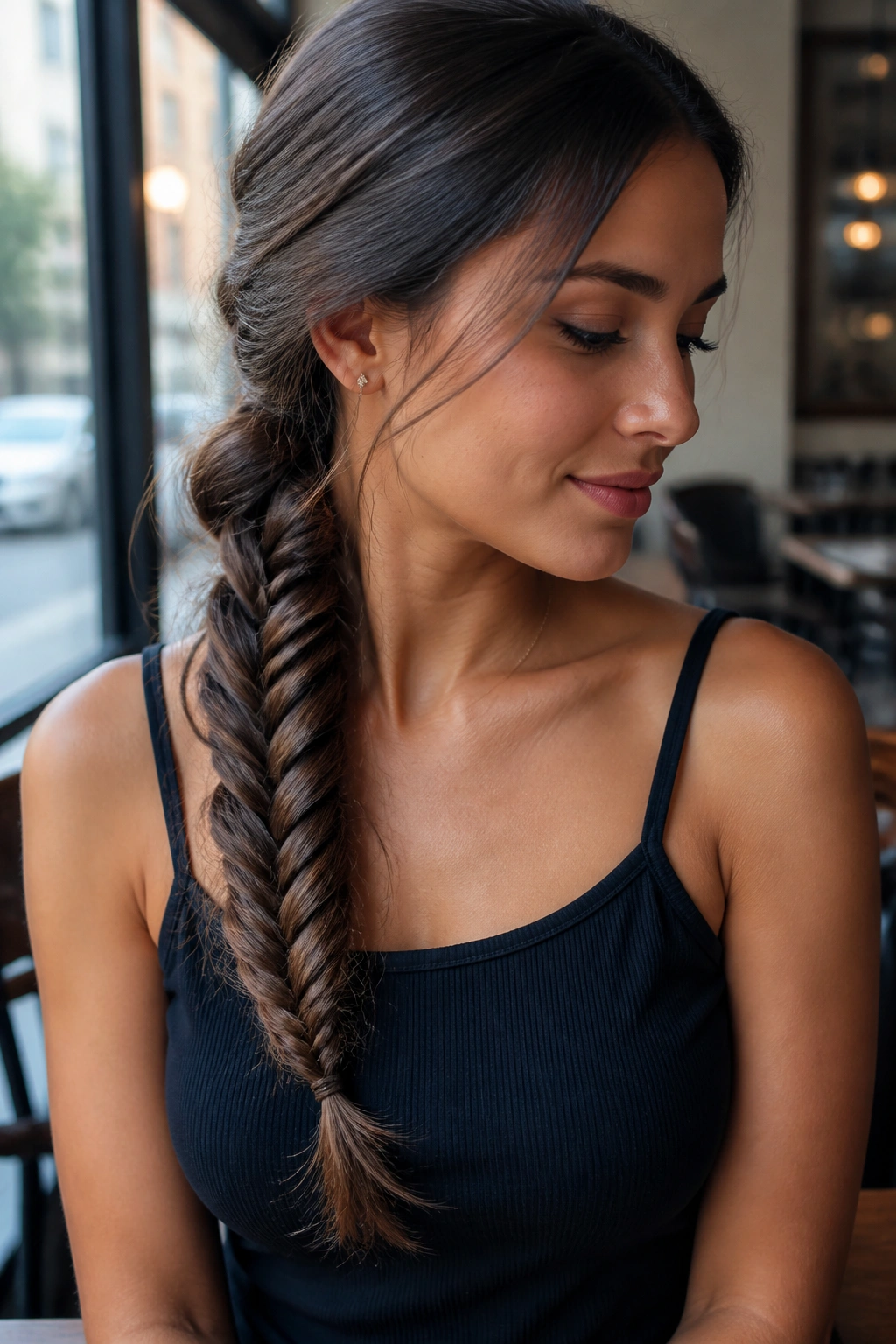 Close-up of a woman with a fishtail braid over the shoulder
