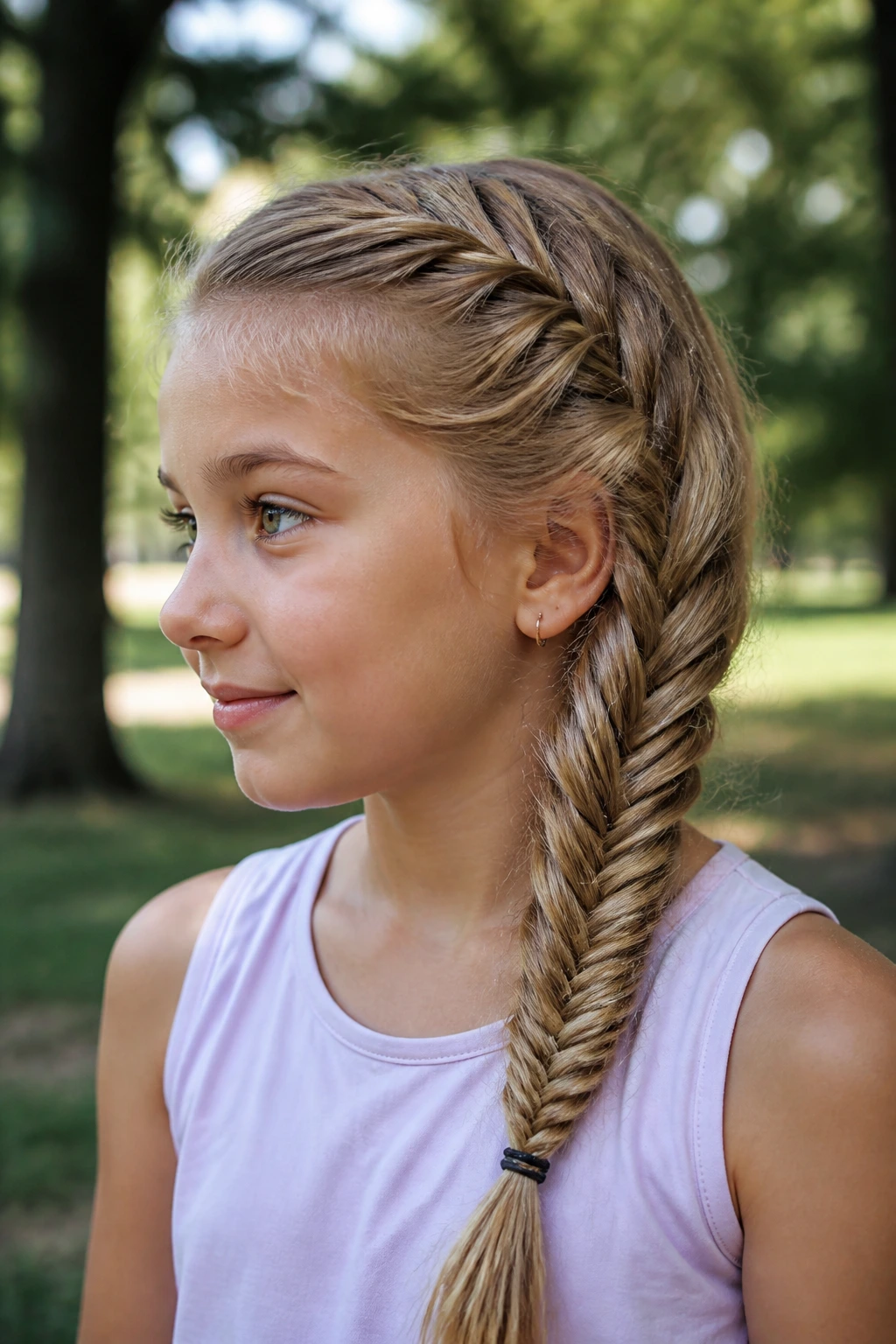 Close-up of a real girl's fishtail side braid in natural daylight.