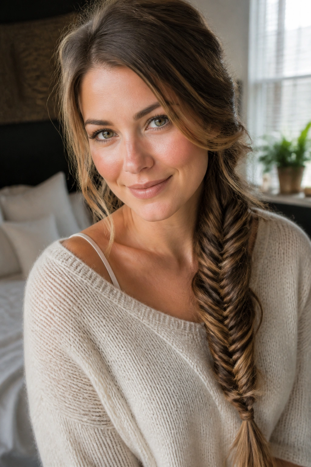 Close-up of a real woman with a fishtail braid slung over one shoulder