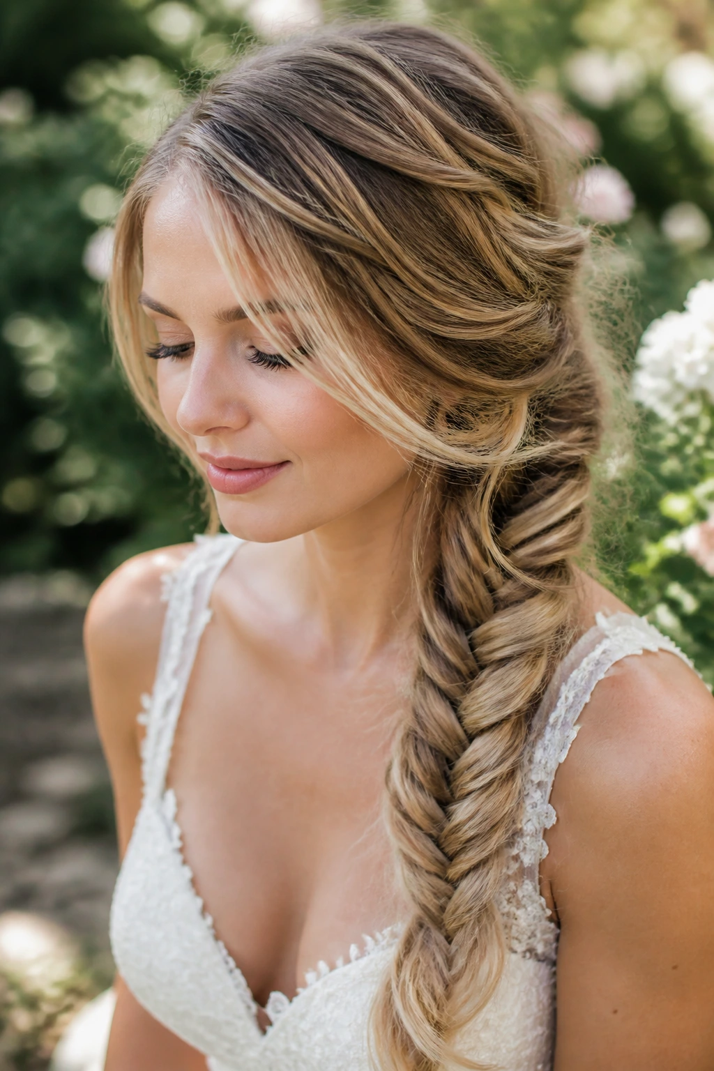 Close-up of a real woman with a side-swept fishtail braid over her shoulder