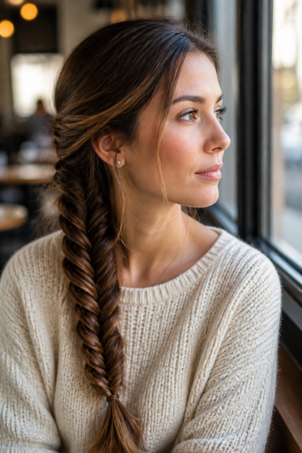 Close-up portrait of a real woman with a low, off-center side-swept fishtail braid under natural cafe light.