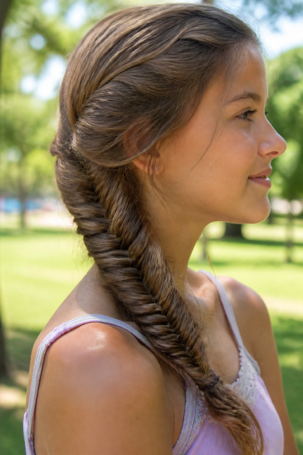 Teen girl with fishtail side braid resting over shoulder in park lighting