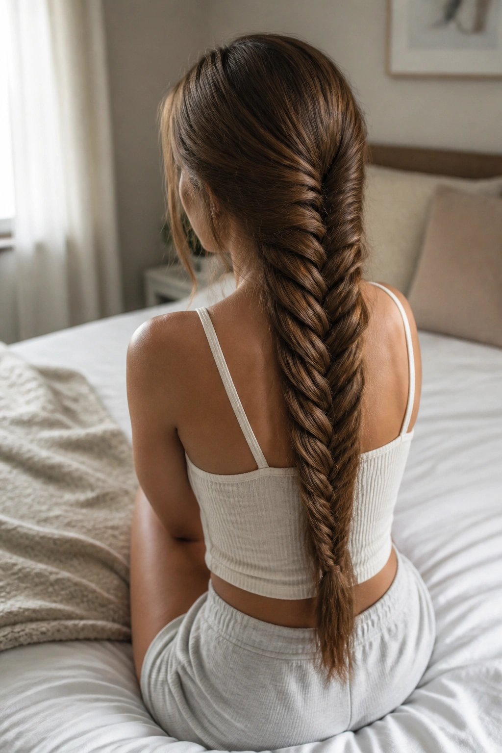 Back view of real woman with thick fishtail braid down the back