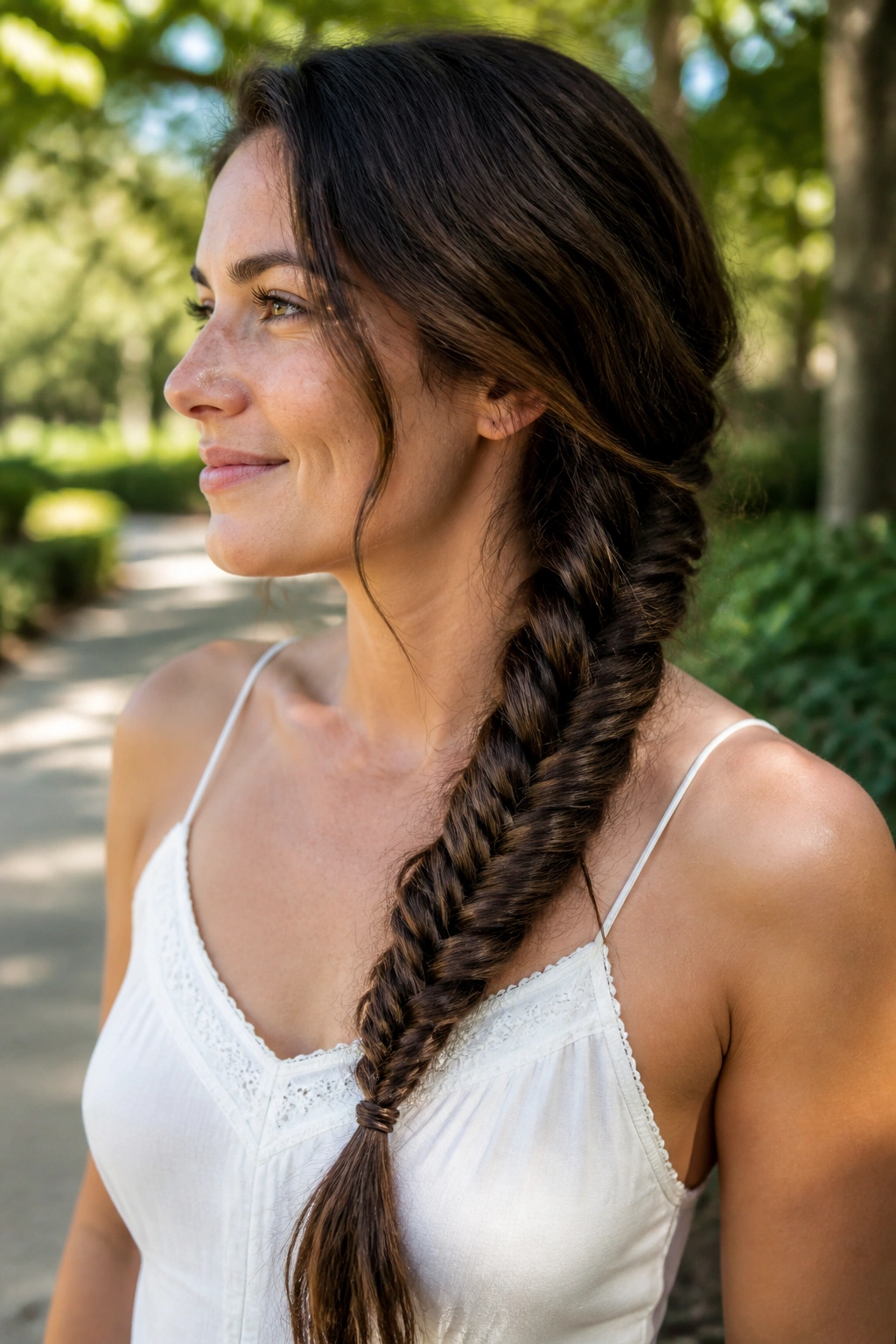 Woman with thick wavy hair in a fishtail side braid outdoors