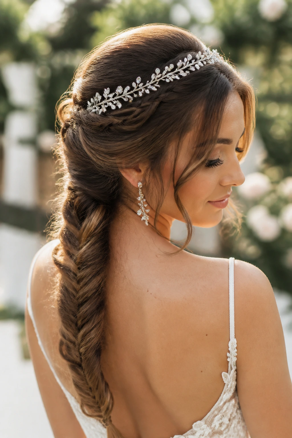 Close-up of a bride's fishtail braid with a tiara in soft garden light