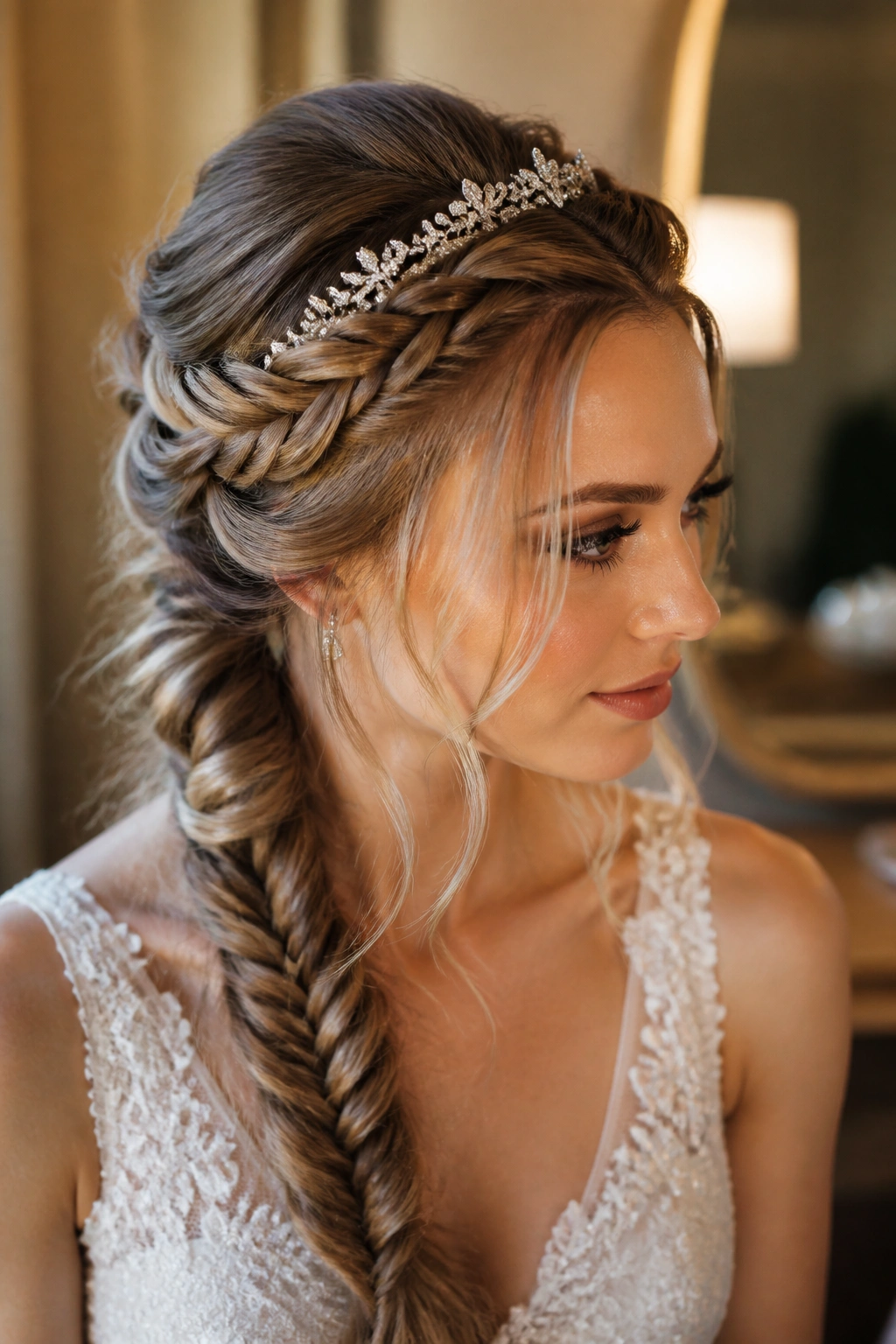 Close-up of a bride with fishtail braid and tucked tiara