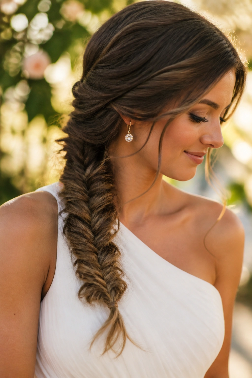Close-up of a real woman with a fishtail braid draped over one shoulder.