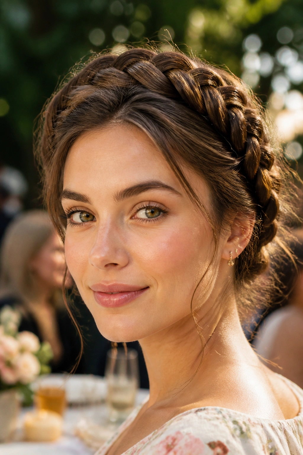Close-up of a real woman with fishtail milkmaid braids and soft volume in a garden setting