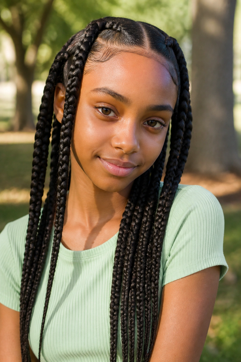 Close-up of a real girl with four fishtail braids