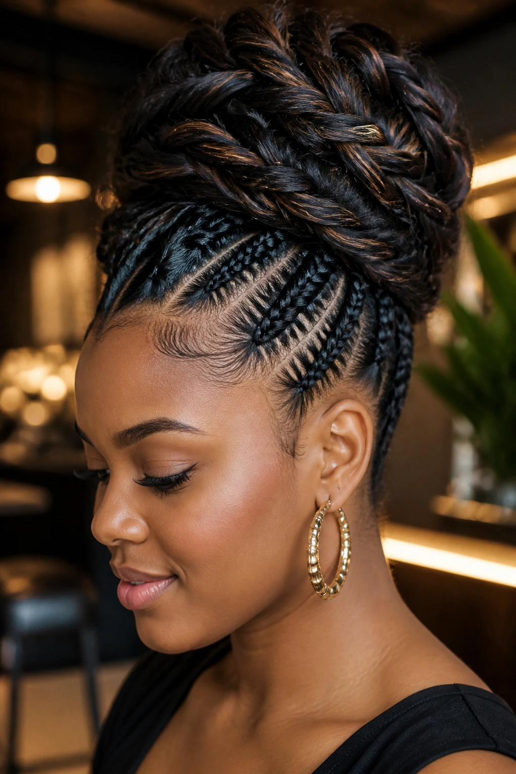 Close-up of a real woman with a voluminous fishtail braided updo in soft indoor light