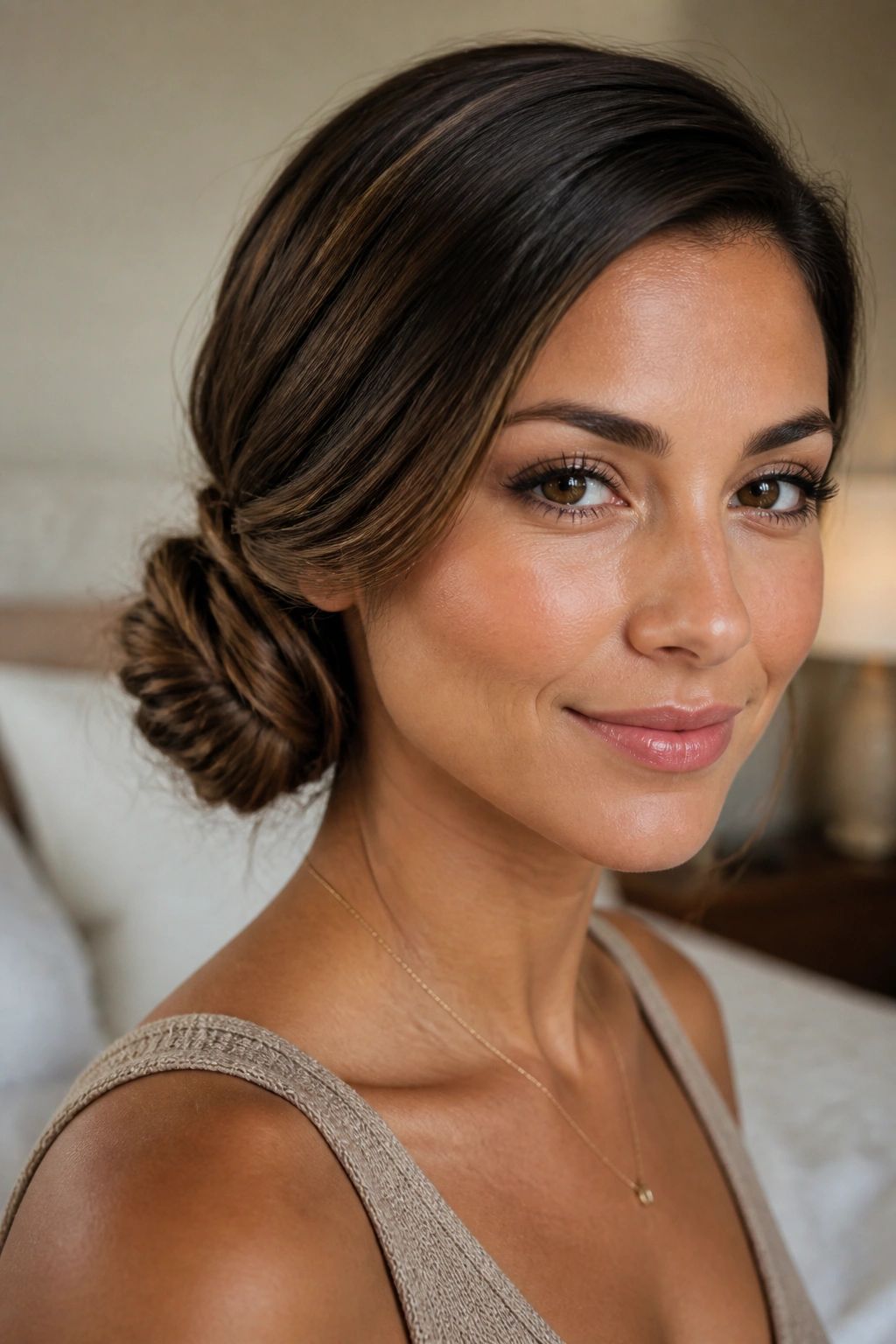 Close-up of a real woman with a low off-center fishtail bun behind one ear in warm bedroom light.