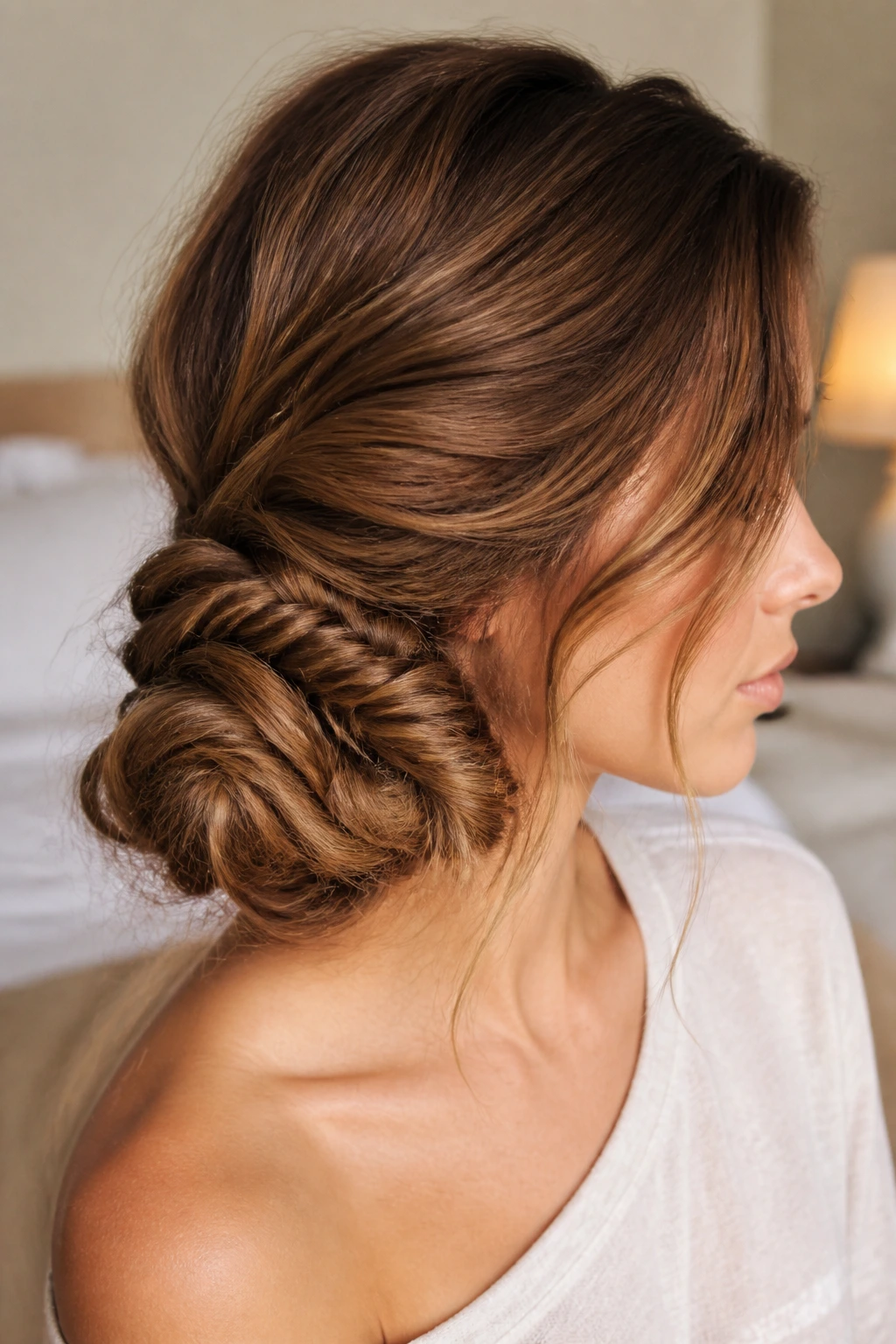 Close-up of a real woman with a fishtail braided side bun in soft window light