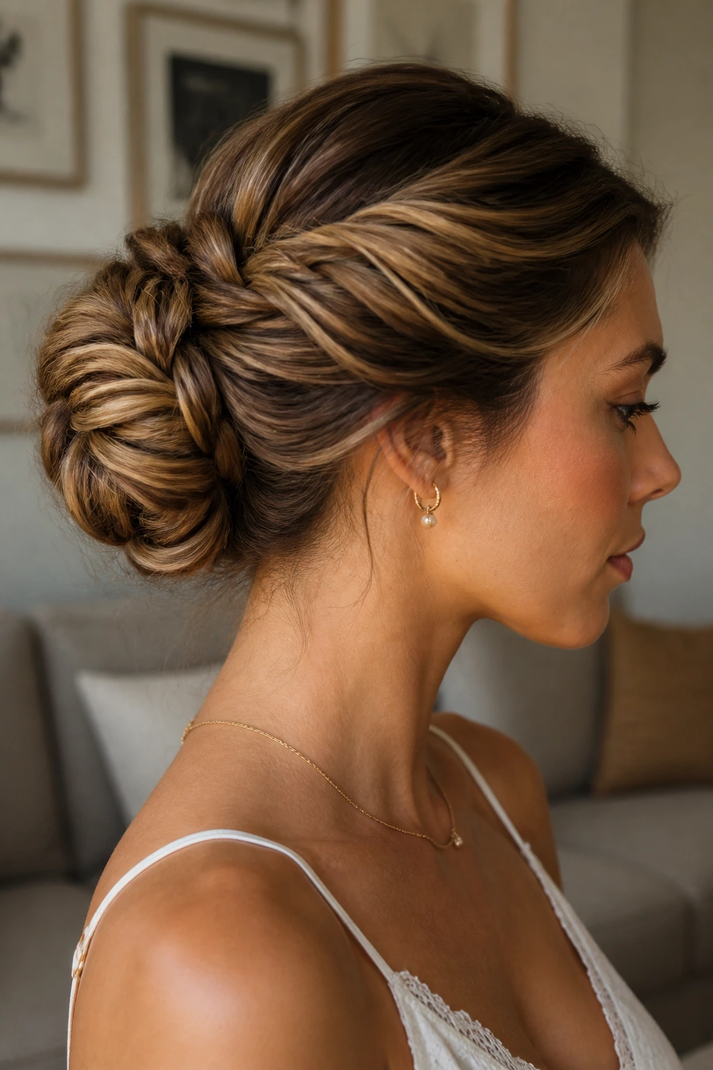Close-up of a woman with a fishtail bun showing textured braid at the back