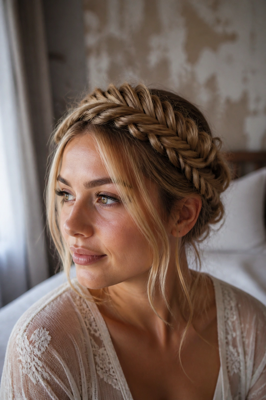 Close-up portrait of a woman wearing a fishtail crown braid around the head
