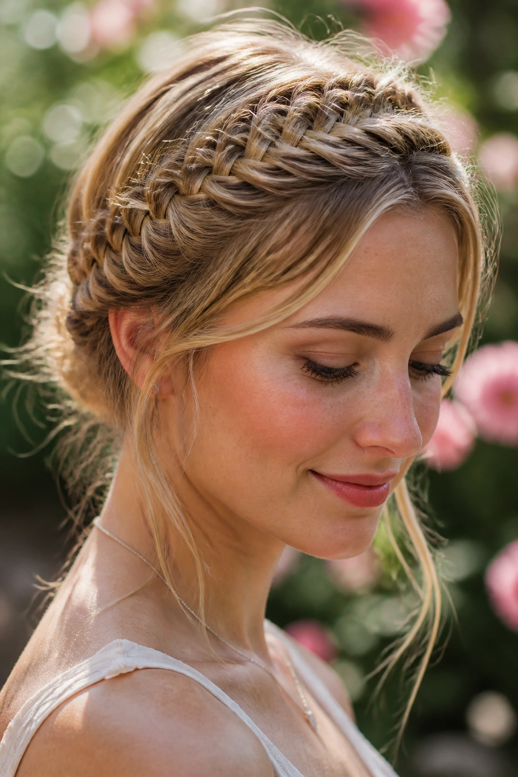 Close-up of a woman wearing a fishtail crown braid around the head in a garden setting.