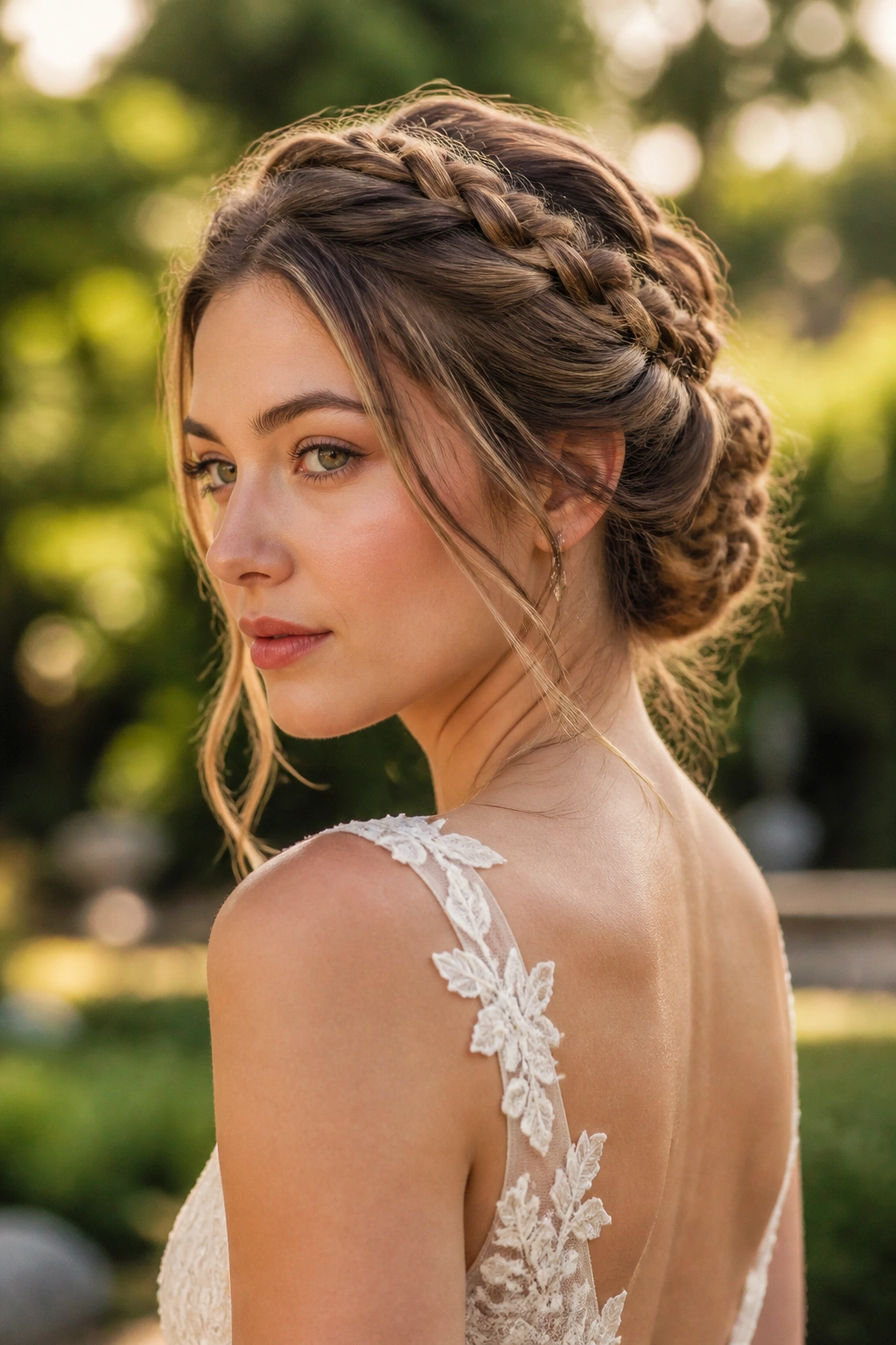 Bride with loose fishtail crown braid forming a bun