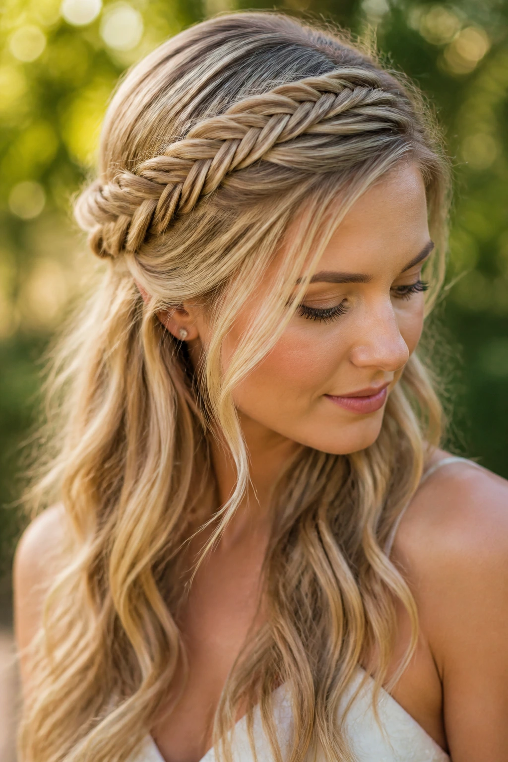 Close-up of a real woman with a fishtail crown braid across the top of the head