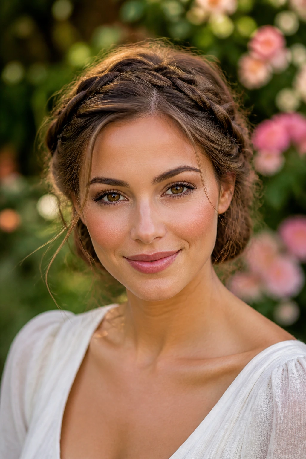 Frontal portrait of a real woman with a fishtail crown into a low bun