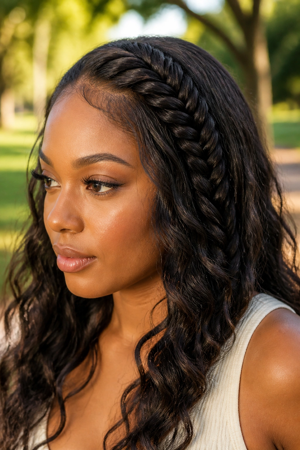 Close-up of a Black woman with a loose-front fishtail braid and flowing lengths