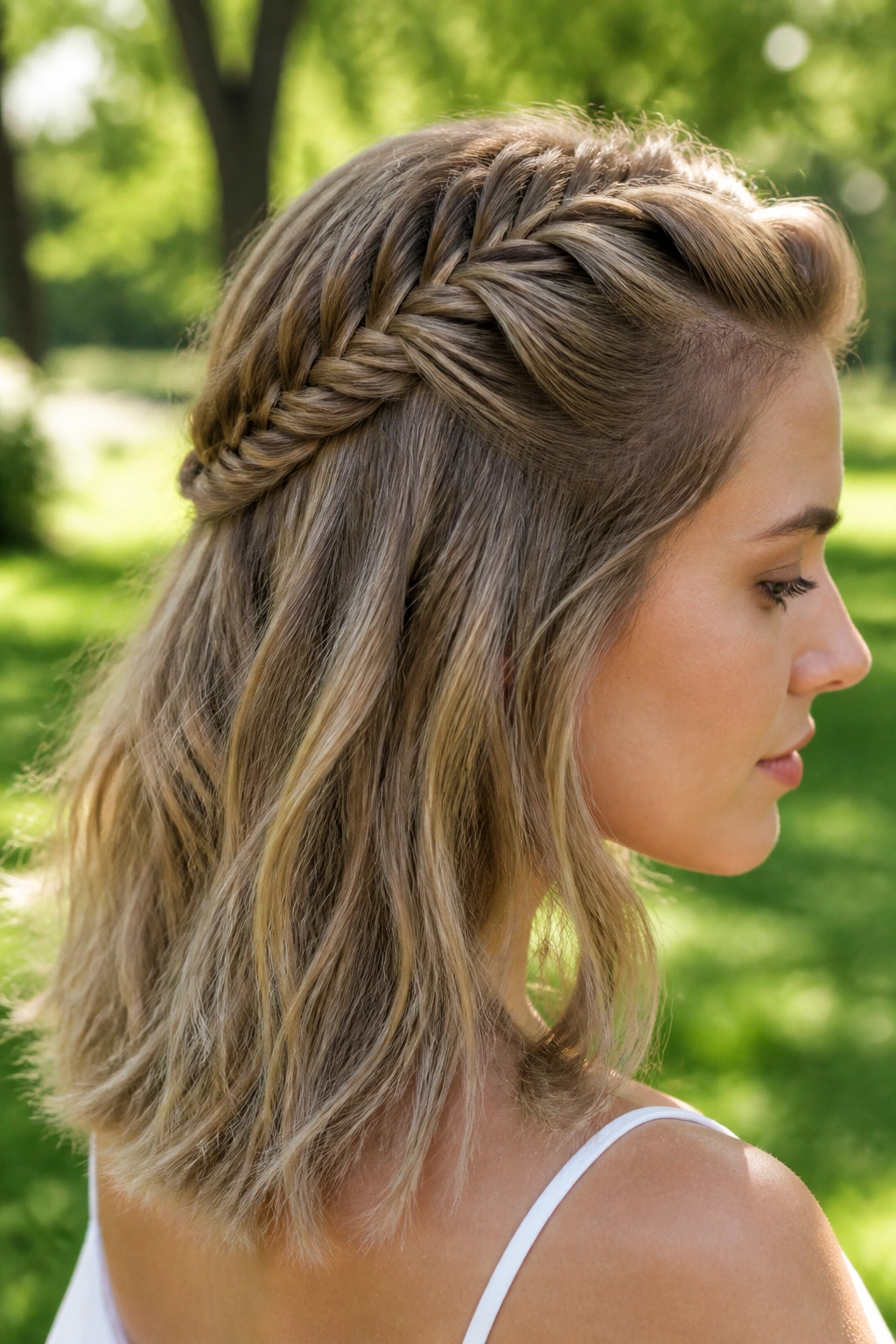 Real woman with fishtail half braid against natural greenery backdrop.