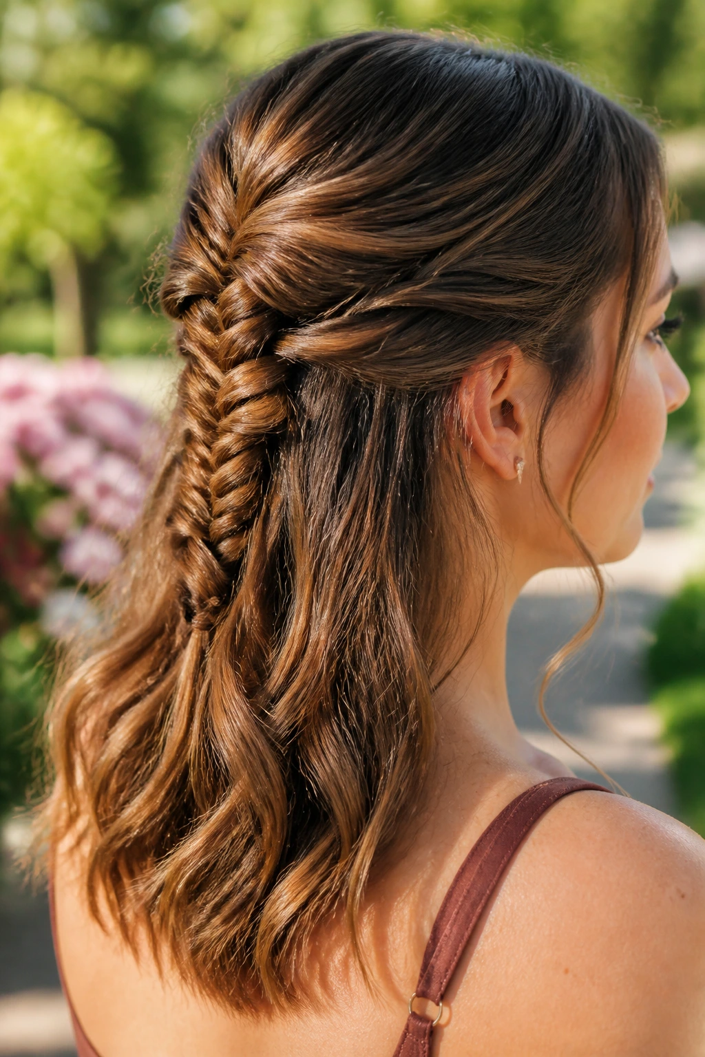 Close-up of a real woman with a fishtail half-up braid