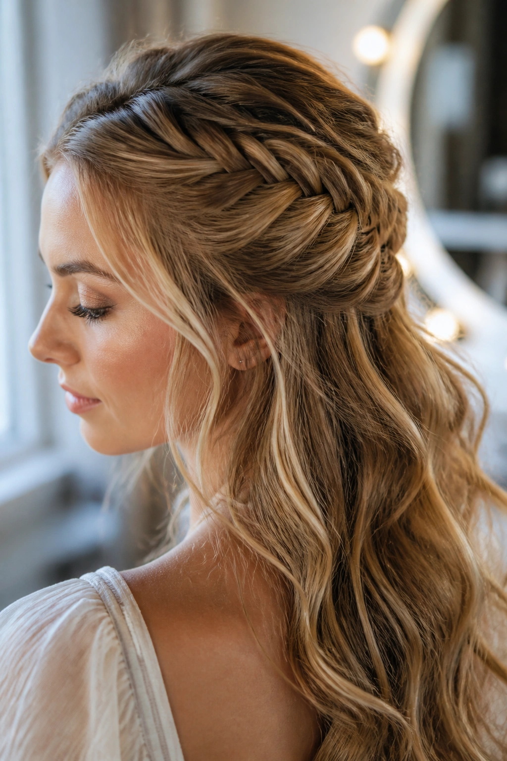 Close-up portrait of a real woman wearing a half-up fishtail braid in window light