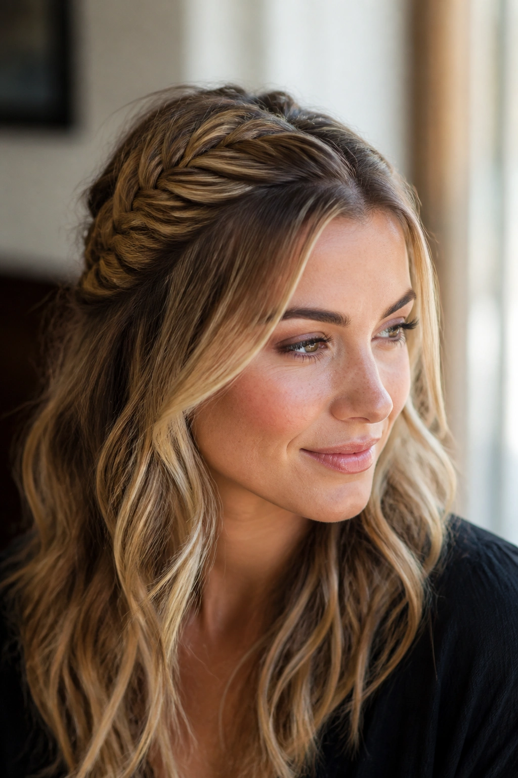 Close-up portrait of a real woman with a fishtail half updo and soft ends.