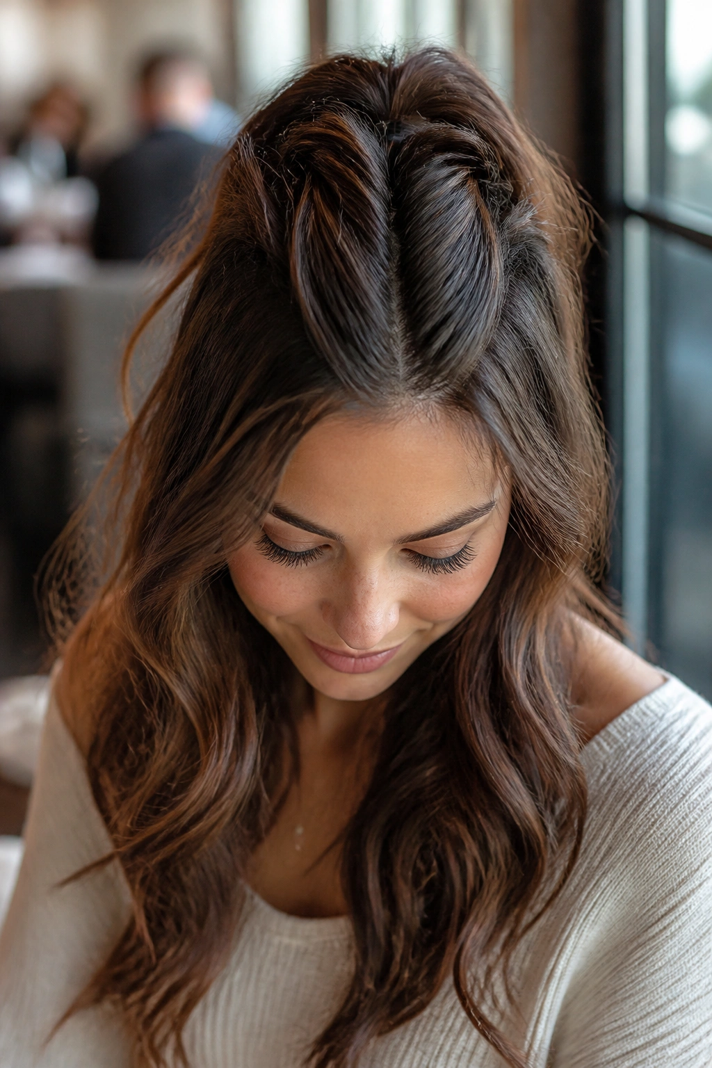 Close-up of a real woman with a fishtail half-up braid and loose waves