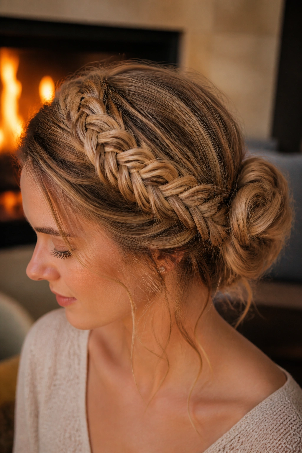 Close-up of a real woman with a fishtail halo and a loose knot at the back.