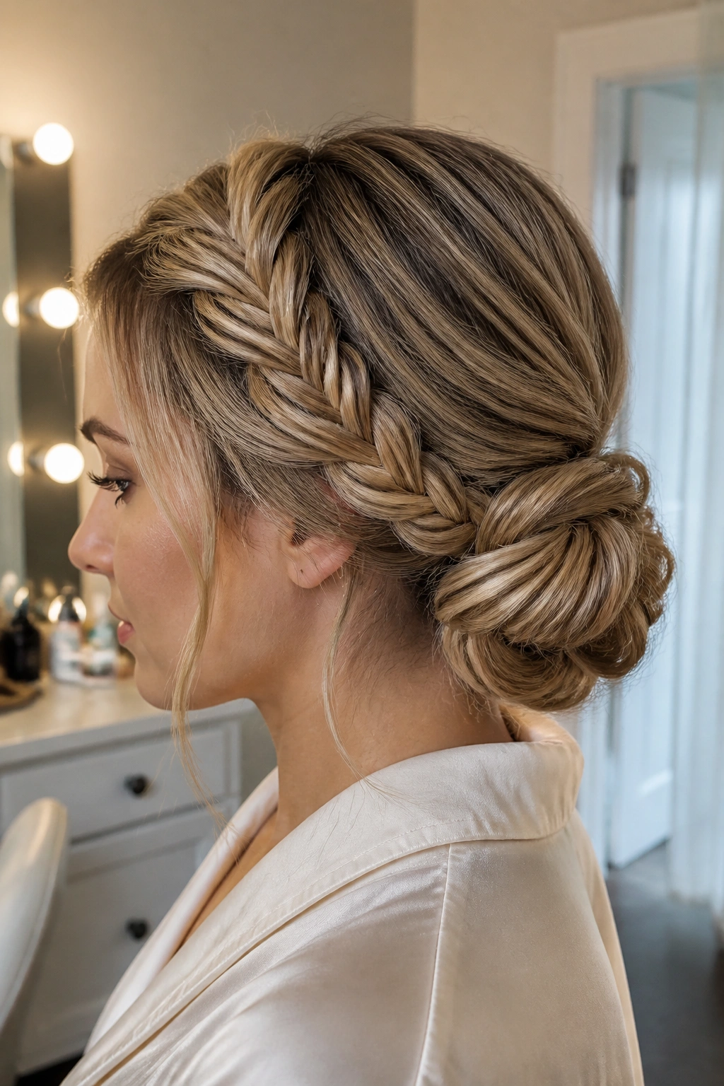 Close-up of a real woman with a fishtail braid wrapped into a low bun