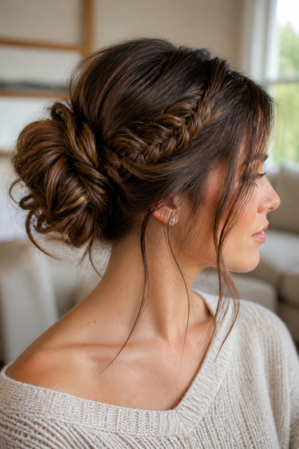 Close-up of a real woman with a loose fishtail messy bun and face-framing strands