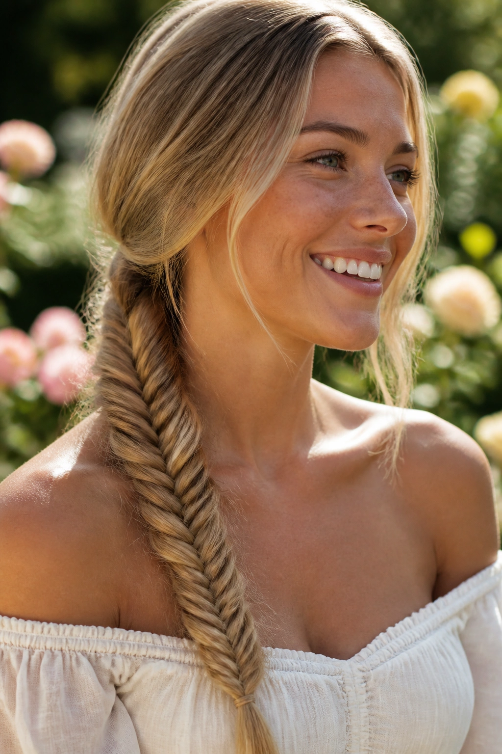 Medium close-up real woman wearing a fishtail plait over the shoulder