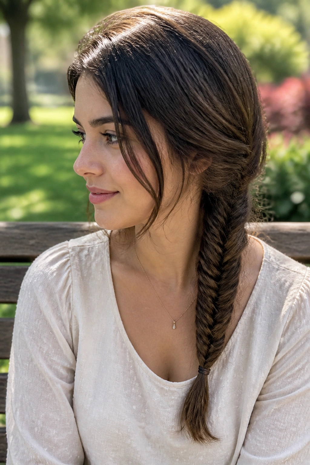 Close-up of a real woman with a fishtail plait at shoulder length