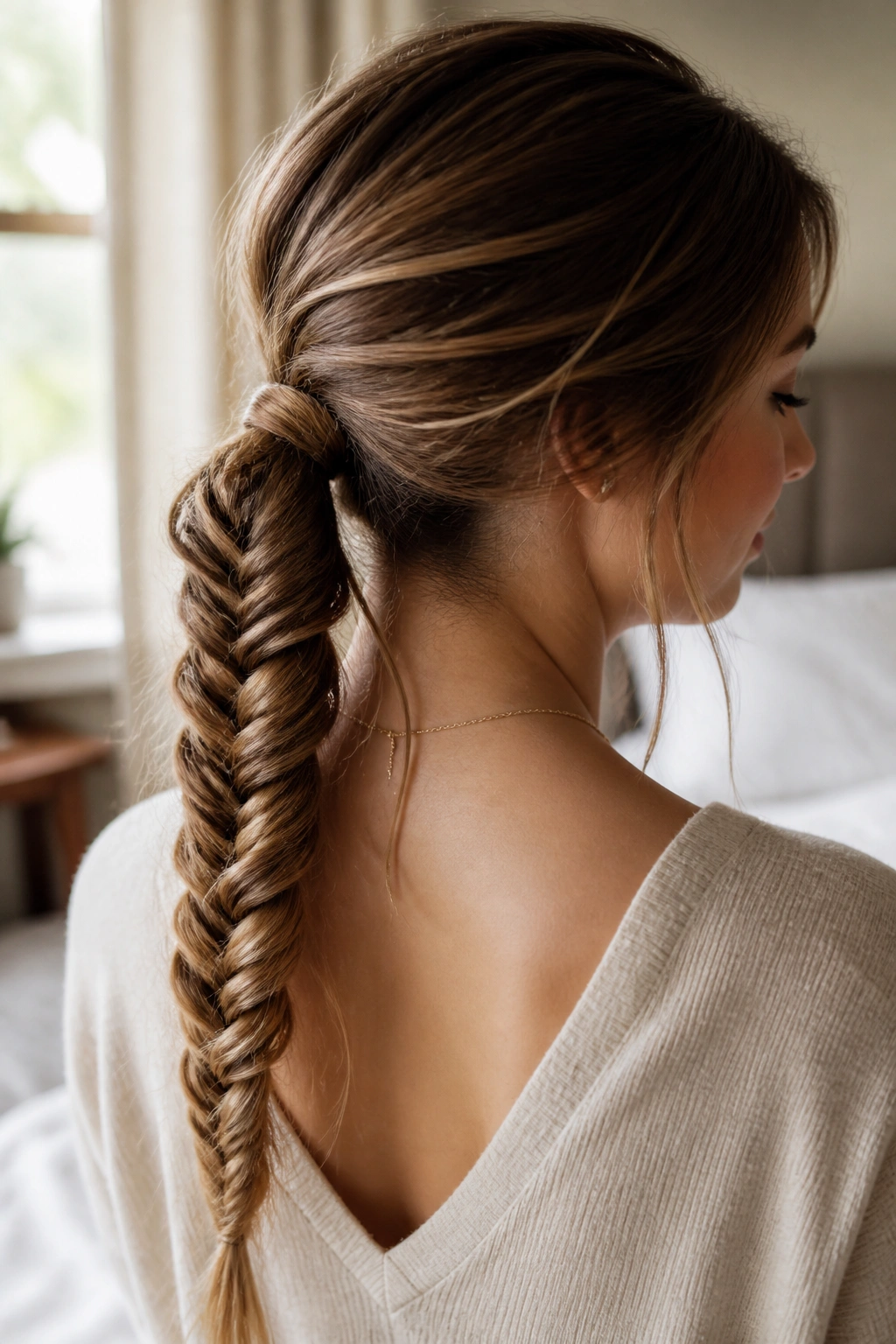 Close-up of a woman with a fishtail ponytail featuring a soft pull-apart finish in warm natural light