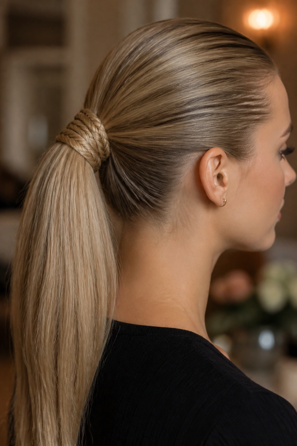 Real woman with a sleek ponytail and fishtail braid at the base