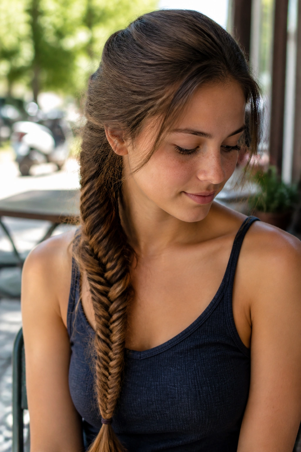 Portrait of a real person with a fishtail side braid over the shoulder