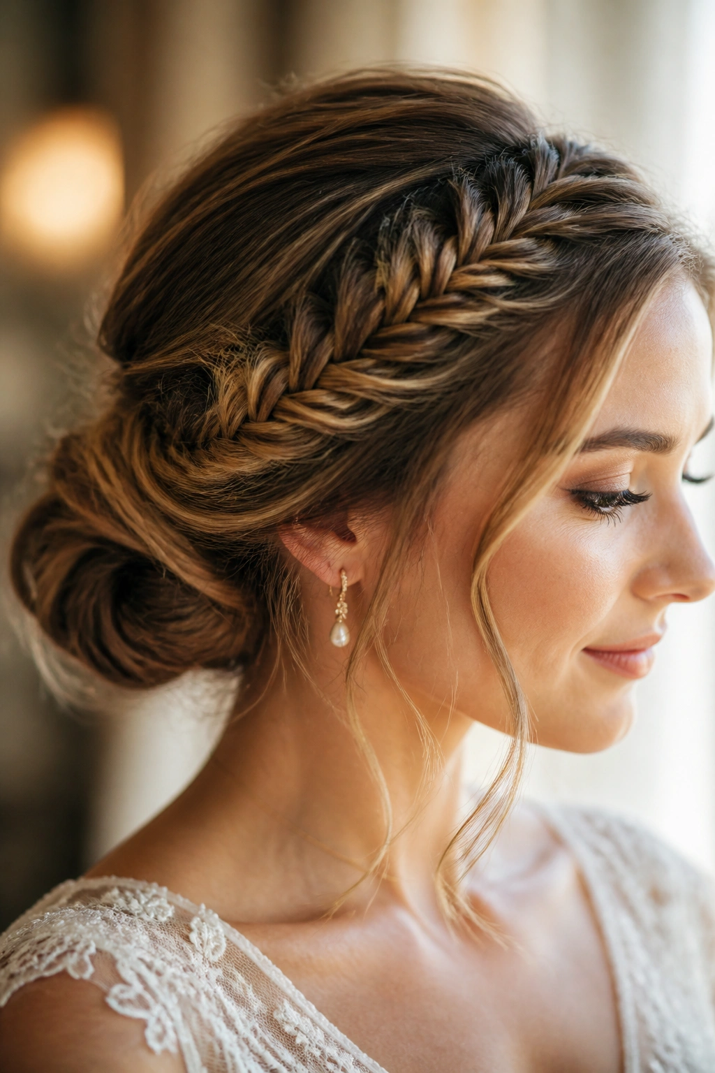 Close-up of a real bride with fishtail side panel updo in a bridal suite