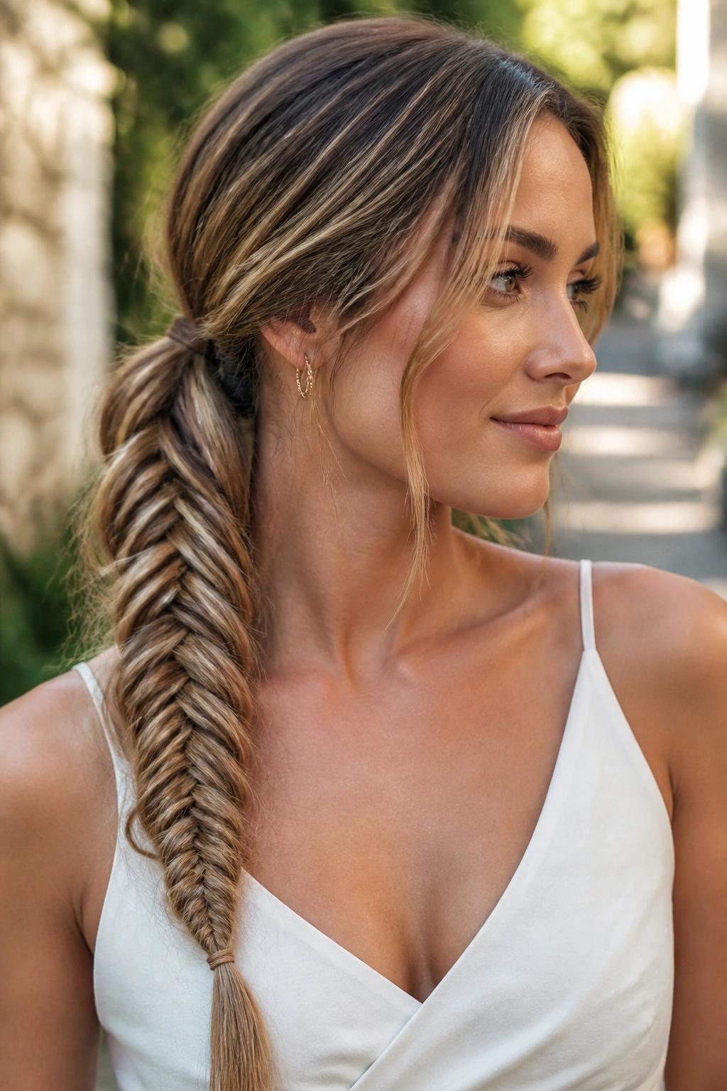 Close-up of a real woman with a fishtail side ponytail showing rope-like pattern