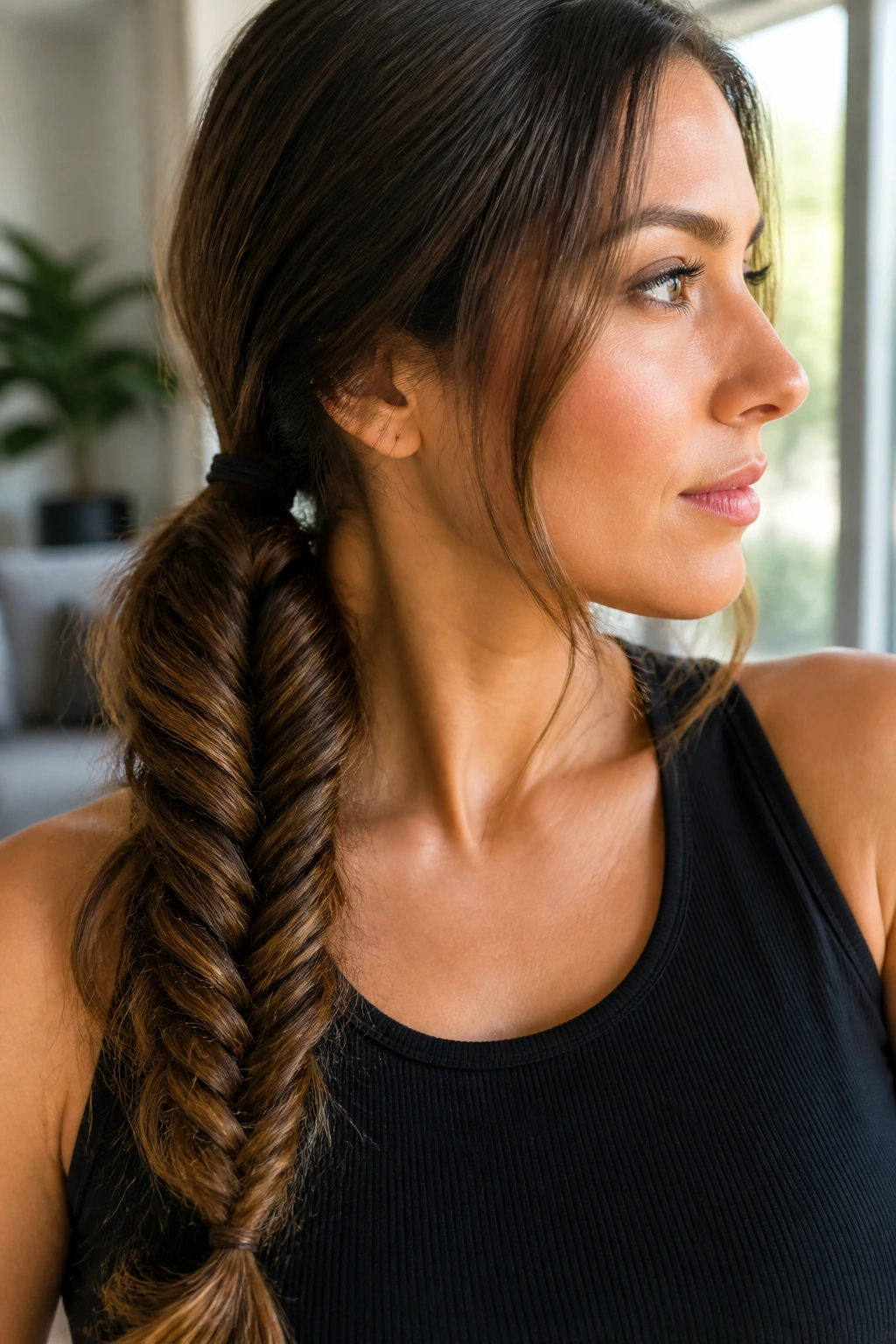 Close-up of a real woman with Fishtail Side Ponytail