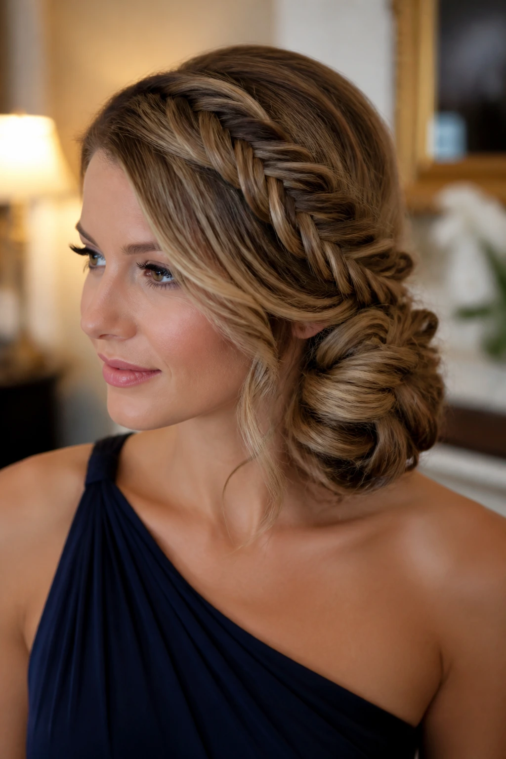 Portrait of a real woman with a braided fishtail side sweep