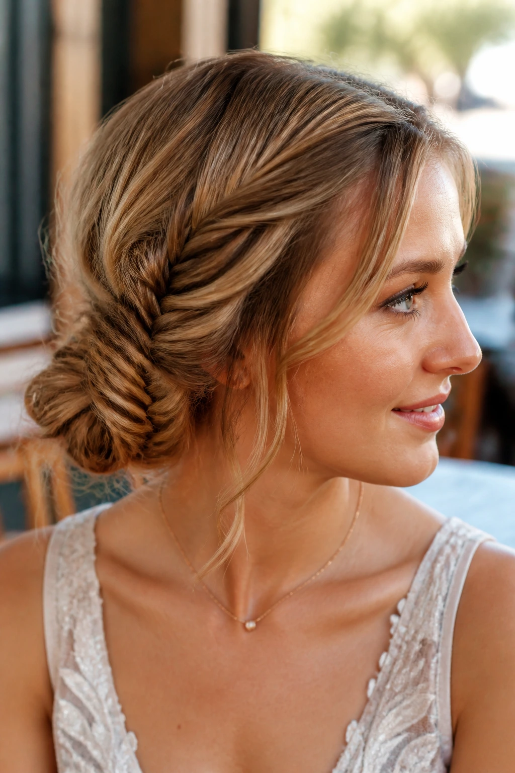 Close-up of real woman with fishtail braid into a side updo.