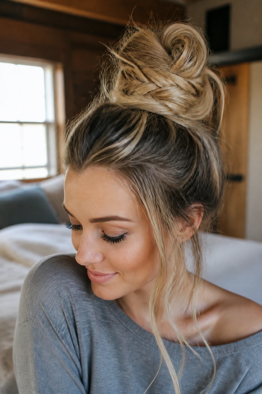 Close-up of a real woman with a messy fishtail top knot, natural window light